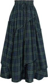 Women Plaid Skirt High Waist A Line Tiered Long Skirt with Pockets