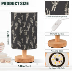 White Skeleton Hands Bedside Table Lamp Small Desk Lamps Linen Fabric Shade Decorative Nightstand Lamp LED with USB Port Wood Base for Bedroom Living Room