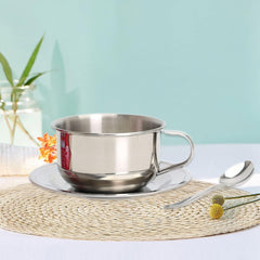 Coffee Cup Set with Saucer Spoon Handle, Stainless Steel Portable Serving Plate, 200ml Milk Cup, Unbreakable Coffee Mug, 3Pcs