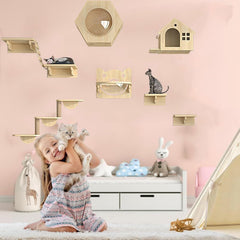 Cat Tree House, Wall-Mounted Cat Climber Set with Climbing Shelves, Perches, Bridge, Scratching Board, Wood Indoor Cats Furniture for Kittens Play(24x18x10cm)