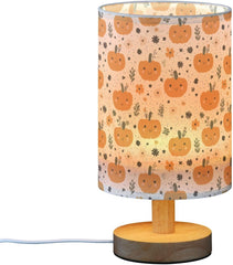 Cute Flowers Pumpkin Bedside Table Lamp Small Desk Lamps Linen Fabric Shade Decorative Nightstand Lamp LED with USB Port Wood Base for Bedroom Living Room