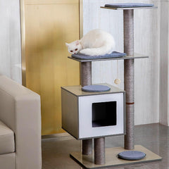 Cat Tree 29" Wooden Cat Tower with Condos,Spacious Perches,5 Fully Enclosed Sisal Scratching Posts and Dangling Pom Poms,5 Tier Modern Cat Tower with Activity Pads for Indoor and Outdoor Use,Gray