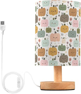 Cartoon Pumpkins Flowers Bedside Table Lamp Small Desk Lamps Linen Fabric Shade Decorative Nightstand Lamp LED with USB Port Wood Base for Bedroom Living Room