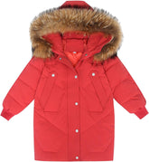 Girls Boys Long Puffer Coat Kids Fur Collar Winter Coat Lightweight Down Jacket Hooded Outerwear for 8-15 Years