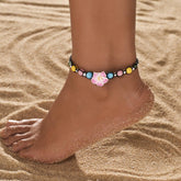 1PCS Polymer Clay Flower Beaded Anklet, Colorful Elastic Stretch Foot Chain, Adjustable Bohemian Ankle Bracelet, Handmade Floral Seed Bead Jewelry (Multicolor)