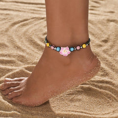 1PCS Polymer Clay Flower Beaded Anklet, Colorful Elastic Stretch Foot Chain, Adjustable Bohemian Ankle Bracelet, Handmade Floral Seed Bead Jewelry (Multicolor)