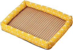 Natural Rattan Pet Cooling Bed Mat for Cats Dogs, Summer Washable Window Cat Bed Floor Sleeping Mats, Breathable Washable Linen Woven Mat with Raised Edge, Square Pad for Indoor Cats (Dark Blue, S)