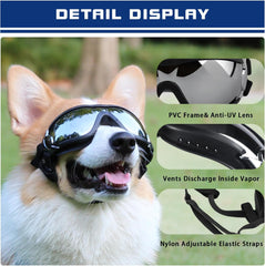 Dog Goggles UV400 Protection, Dog Sunglasses for Medium to Large Breeds with Adjustable Strap, Wide Snout & Soft PVC Frame - UV-Resistant/Windproof/Dustproof for Running,Cycling (Black)