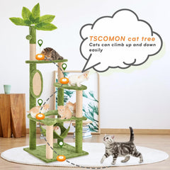 55" Cat Tree for with Green Leaves, Multi-Level Large Cat Tower with Hammock, Plush Cat House with Hang Ball Toy and Sisal Scratching Posts Furniture, Green