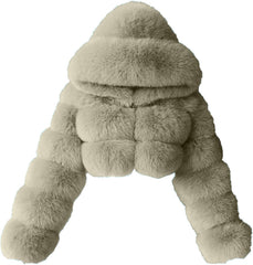 XUNRYAN Girls Winter Faux-Fur Coat Fashion Jackets Cropped Warm Coat Long Sleeve Hooded Casual Fuzzy Outerwear Short Coat