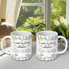 Personalized Long Distance Friendship Mug, Custom State to State Bestie Mug, Floral Ceramic Coffee Cup for Sisters, Friends, Birthday, and Holidays Gift, 11oz & 15oz