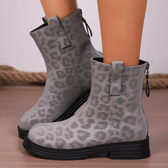 Mid Calf Boots for Women Leopard Print British Back Zipper Platform Lug Sole Booties Classic Round Toe Casual Non-Slip Ankle Combat Boots Trending Shoes Womens Block Heel Booties