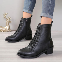 Women's Ankle Boots Lace up Fashion Combat Booties Fall Winter Low Chunky Heel Side Zipper Platform Lug Sole Motorcycle Boots Outdoor Non-Slip Pointed Toe Leather Booties for Women
