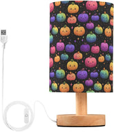 Cute Pumpkin Rainbow Colors Bedside Table Lamp Small Desk Lamps Linen Fabric Shade Decorative Nightstand Lamp LED with USB Port Wood Base for Bedroom Living Room