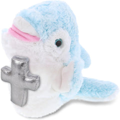 DolliBu Dolphin Hand Puppet Stuffed Animal with Silver Cross and Personalization - Baptism Gifts for Boys and Girls, Dedication Christening Gifts Plush Prayer Toy Healing Teddy Bear - 12 Inches