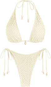 ZAFUL Women's Triangle Bikini Multiway Fishnet Tie Side Bandeau Halter String Bikini Set Two Piece Swimsuit Bathing Suits