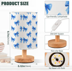 Cute Blue Bows Pattern Bedside Table Lamp Small Desk Lamps Linen Fabric Shade Decorative Nightstand Lamp LED with USB Port Wood Base for Bedroom Living Room