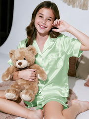 Boys Girls Pajamas 3 Piece Silky Satin Pajama Set Button Down Soft Sleepwear Loungwear, 4-14 Years