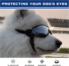Dog Goggles UV400 Protection, Dog Sunglasses for Medium to Large Breeds with Adjustable Strap, Wide Snout & Soft PVC Frame - UV-Resistant/Windproof/Dustproof for Running,Cycling (Black)
