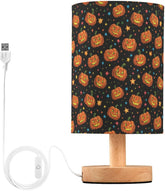 Color Pumpkins Star Bedside Table Lamp Small Desk Lamps Linen Fabric Shade Decorative Nightstand Lamp LED with USB Port Wood Base for Bedroom Living Room