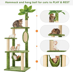 55" Cat Tree for with Green Leaves, Multi-Level Large Cat Tower with Hammock, Plush Cat House with Hang Ball Toy and Sisal Scratching Posts Furniture, Green