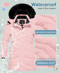 Girl's Winter Coats Kids Waterproof Long Puffer Jacket Thicken Fleece Lined Ski Parka with Detachable Fur Hooded