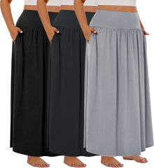 Ficerd 3 Pack Plus Size Maxi Long Skirts for Curvy Women, Ankle Length a Line Pleated High Waisted Summer Skirts with Pocket