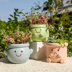 Cute Face Planter Pot, Small Resin Head Planters for Indoor Plants, Funny Smiling Face Flower Pot Succulent Planter with Drainage Hole, Gift IdeaI for Birthday Christmas (Green)