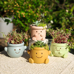 Cute Face Planter Pot, Small Resin Head Planters for Indoor Plants, Funny Smiling Face Flower Pot Succulent Planter with Drainage Hole, Gift IdeaI for Birthday Christmas (Green)