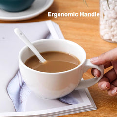 DeeCoo 11 oz White Cappuccino Mug- Large Ceramic Coffee Cup with Saucer - Microwave and Dishwasher Safe, Perfect For Tea, Espresso, Latte - Porcelain Set for Kitchen or Cafe, Baristas, Great Gift