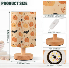 Cute Pumpkins Bats Bedside Table Lamp Small Desk Lamps Linen Fabric Shade Decorative Nightstand Lamp LED with USB Port Wood Base for Bedroom Living Room