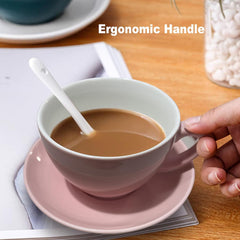 DeeCoo 11 oz White Cappuccino Mug- Large Ceramic Coffee Cup with Saucer - Microwave and Dishwasher Safe, Perfect For Tea, Espresso, Latte - Porcelain Set for Kitchen or Cafe, Baristas, Great Gift