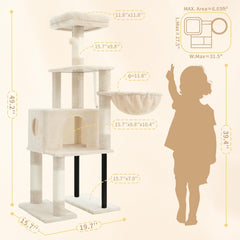 Heybly Cat Tree, 49.2 Inches Cat Tower for Indoor Cats, Spacious Cat House Condo with Hidden Space,Sturdy Steel Tube,Soft Plush Top Perch,Cozy Hammock and Sisal Scratching Posts, Light Gray HCT200SW