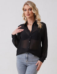 Arssm Women Sheer Button Up Blouse Mesh Long Sleeve Sexy See Through Tops Fashion Trendy Mesh Shirts Tops