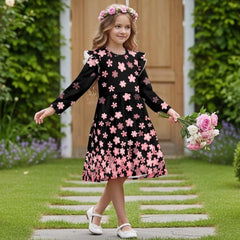 Girl's Long Sleeve Dress with Ruffle Sleeves Cute A-Line Midi Casual Sundress for Spring, Summer and Fall