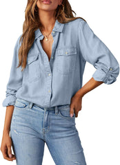 Astylish Women Button Down Denim Shirts Casual Long Sleeve V Neck Chambray Blouse Top