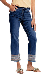 Flamingals Straight Leg Jeans for Women Low Rise Cropped Jeans Wash Embroidery Raw Hem Denim Pants