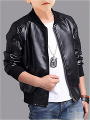 Boy's Fax PU Leather Bomber Jacket Zip Up Long Sleeve Biker Outerwear Motorcycle Coat Streetwear