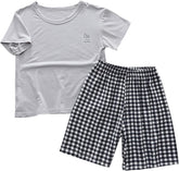 Boys Girls Kids 𝐏ajama Set 2 Piece 𝐒𝐥eepwear Outfits with Short Sleeve T-Shirts + Plaid Shorts Summer Clothing Sets
