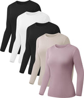 5 Pack Womens Basic Long Sleeve Shirts Crew Neck Slim-Fit Fitted T Shirts Tops Undershirts Underscrub Baselayer
