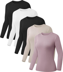 5 Pack Womens Basic Long Sleeve Shirts Crew Neck Slim-Fit Fitted T Shirts Tops Undershirts Underscrub Baselayer