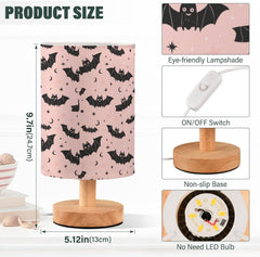 Moon Bat Silhouettes Bedside Table Lamp Small Desk Lamps Linen Fabric Shade Decorative Nightstand Lamp LED with USB Port Wood Base for Bedroom Living Room