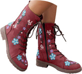 Combat Boots for Women Vintage Flower Embroidered Lace Up Leather Chunky Block Low Heels Side Zipper Ankle Booties Fall Winter Comfortable Round Toe Dress Mid Calf Short Riding Boots