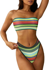 ZAFUL Women Strapless Textured Bandeau Bikini 2 Piece Swimwear Cheeky Solid Lace up Bathing Suits