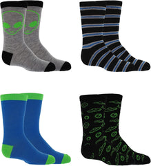 DENSLEY&CO Kids Boys 4-Pack Fun Graphic Crew Socks Bundle | Multiple Colours & Patterns