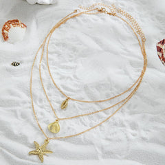 3PCS Gold Star Necklace Set, Layered Shell and Scallop Pendant Necklaces for Everyday Use, Adjustable Layered Jewelry for Women, Ocean-Inspired Accessories (Golden)