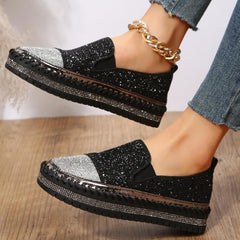 SACFOF Women Rhinestone Platform Loafers Glitter Fashion Slip-On Sparkle Sequin Sneakers Casual Flat Bling Loafers