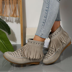Cowboy Boots for Women Fringe Tassel Studded Back Zipper Flat Ankle Boots Fashion Round Toe Wide Width Non-Slip Booties