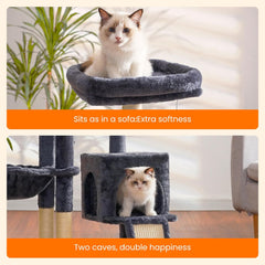 Heybly Cat Tree with Cat Self Groomer Brush, Cat Tower Condo for Indoor Cats with Padded Plush Perch, Cat House with Basket Scratching Board Post, Smoky Gray HCT005SG