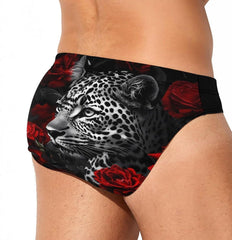 Funny Rose Flower Leopard Men's Swimsuit Brief Beach Shorts Bikini Swimwear Sexy Swimming Trunks